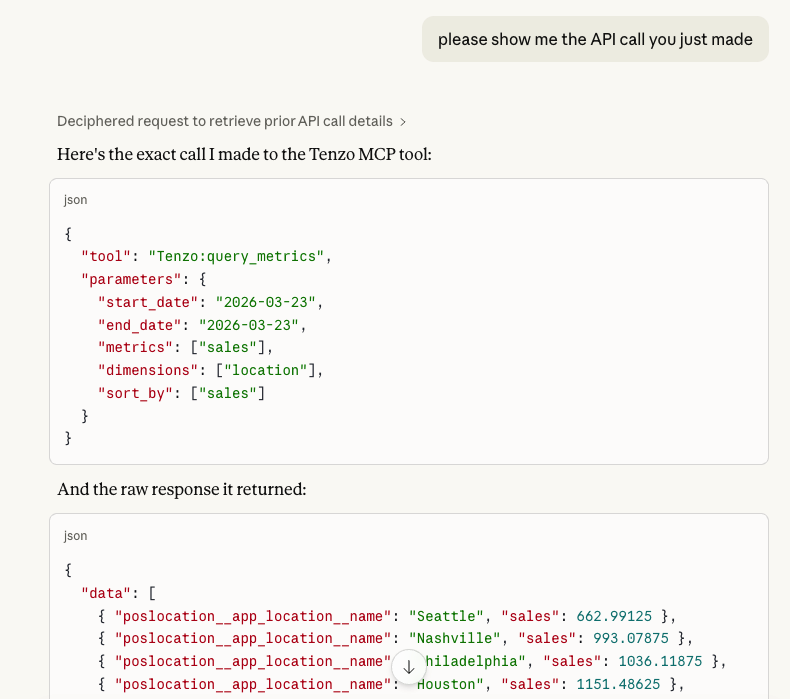 Example of asking your AI client to show the API call it made